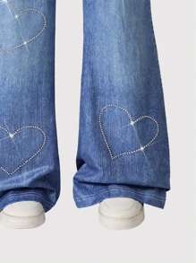 WESTFADE Young Pantalones acampanados de punto elástico con estampado de corazones con rhinestones para niñas preadolescentes, estilo casual de moda callejera inspirado en Y2K