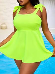 SHEIN Slayr CURVE Plus Size Women's 2 Pieces Set: Bandeau Tankini Top With Textured Neon Green Fabric And High-Waisted Briefs Bottom, Slimming A-Line Swim Dress, Casual & Stylish Swimwear For Beach Resort