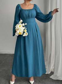 Modelyn 大码编织长袖褶皱 A 字中长连衣裙 - 藍色 - 查看 5