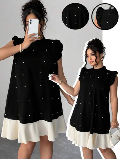 Elenzga Vestido midi con bloques de color, volantes y adorno de perlas para tallas grandes de estilo casual y de moda