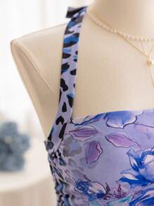 Soleia Plus Size Women's Vacation Leopard Floral Print Halter Neck Blouse, Spring/Summer