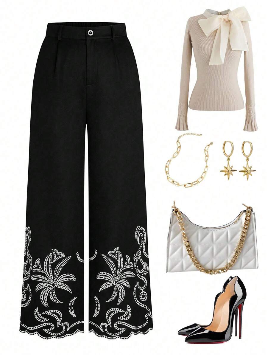 Celure Plus Size Textured Floral Embroidered Relaxed Straight Leg Casual/Work Pants - Multicolor - View 1