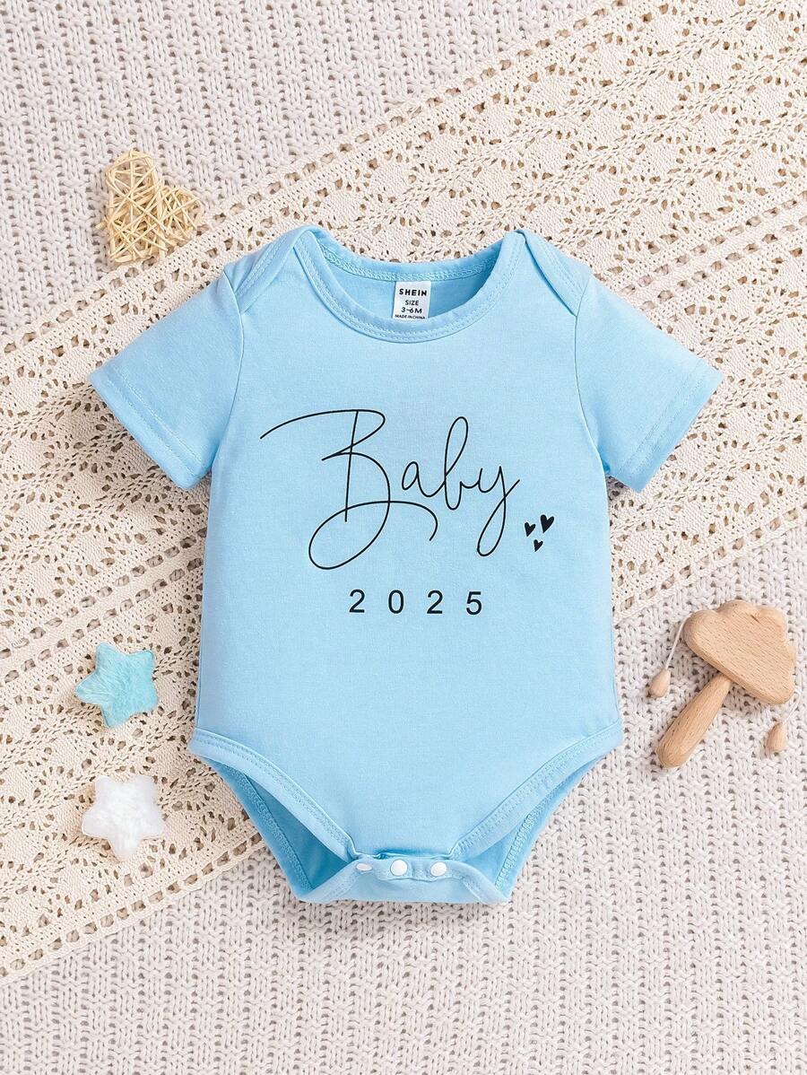 SHEIN Baby Simple Letter Print Bodysuit, 2025 New Design, Summer - Blue - View 1