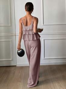DAZY 2pcs/Set Women Summer Solid Textured Ruffle Strap Wide Leg Pants Bohemian Style Vacation Outfit