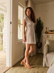 Aralina Váy ngắn cổ chữ V họa tiết hoa dự tiệc mùa hè - Màu Hồng baby - Xem 7