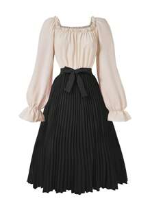 SHEIN Đầm chắp vá cổ vuông dài tay màu đơn giản thời trang cho bé gái tuổi teen - Nhiều màu - Xem 6