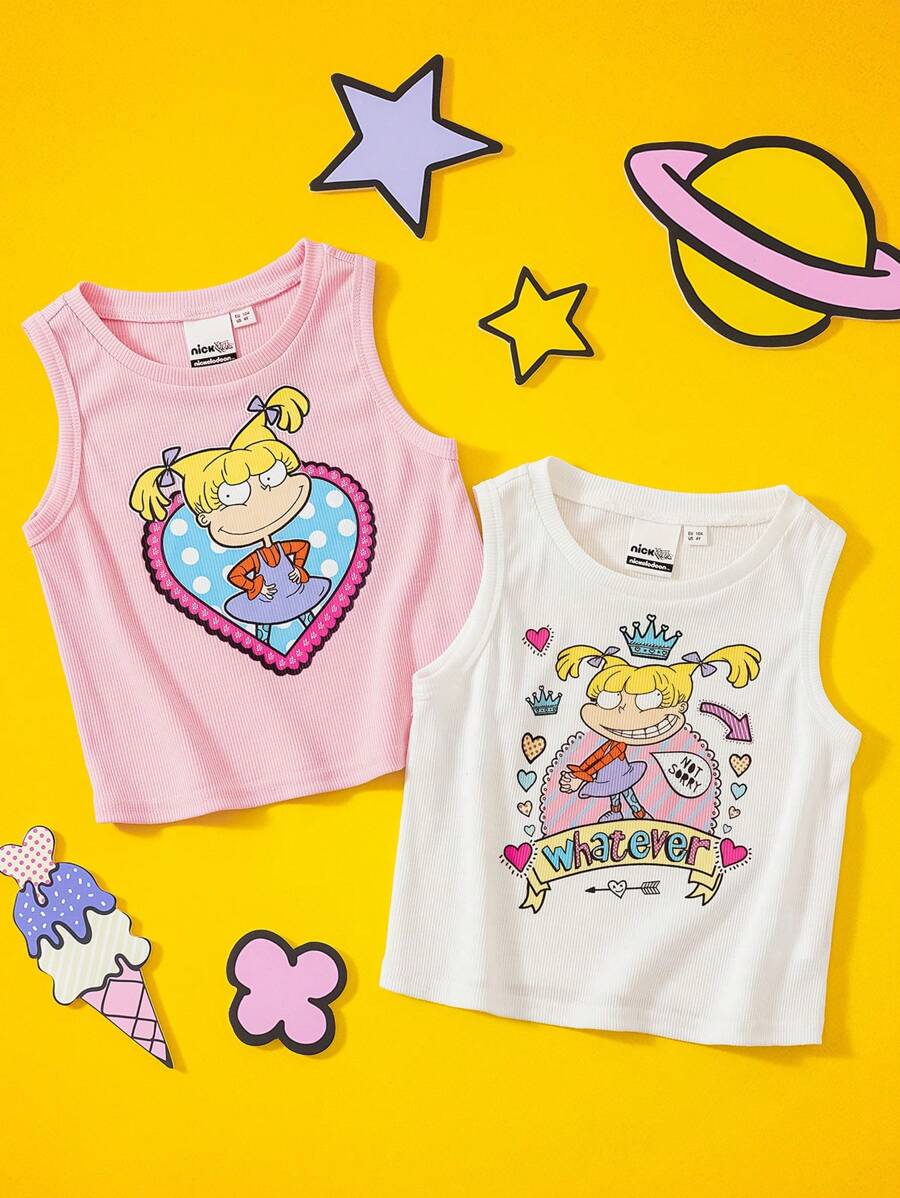 Nick 90s | SHEIN Young Girl 2pcs Cute Heart Pattern Knit Ribbed Sleeveless Summer Tank Tops, Multiple Pieces - Pink - View 1