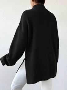 EURMUSE Women's Zippered Half Placket Drop Shoulder Long Sleeve Sweater - Black - View 2