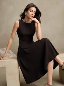 Anewsta Vestido elegante estilo francés sin mangas con cintura entallada y línea A, con cuello decorado con perlas, adecuado para ocasiones formales, primavera/verano