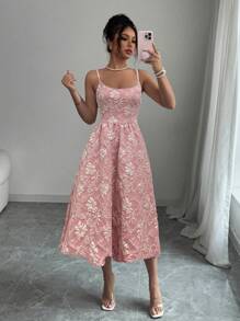 Elenzga Bohemian Texture Floral Print Camisole A-Line Peach Dress, Suitable For Spring & Summer Vacation - Pink - View 5