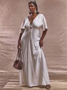 MUSERA 大码 V 领前系带短袖长裙春夏可爱优雅度假装，假日，优雅伊比沙岛，假日秋冬