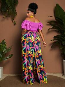 Maweii Completo donna taglie forti composto da top corto con spalle scoperte e volant e pantaloni a fantasia floreale, outfit sexy da vacanza in spiaggia di due pezzi - Viola - Visualizzare 6