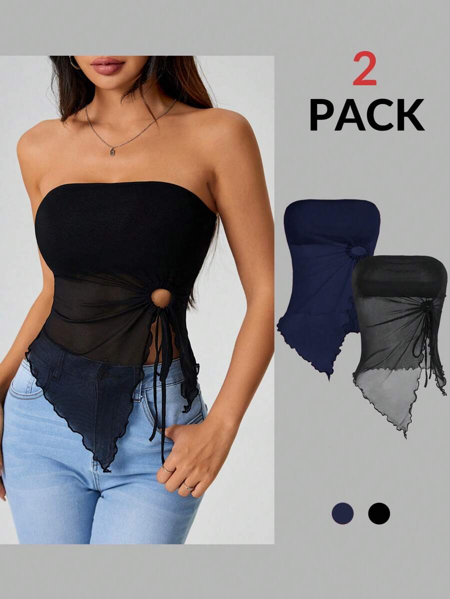 SHEIN PETITE Lettuce Trim Drawstring Sides Asymmetrical Hem Asymmetrical Two Pieces Top - Navy Blue - View 1