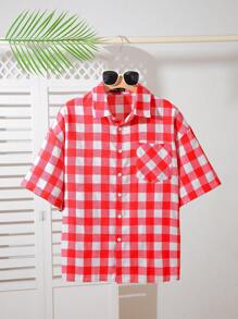 Manfinity VCAY Unisex Casual Loose Woven Plaid Short Sleeve Shirt, Suitable For Everyday Wear