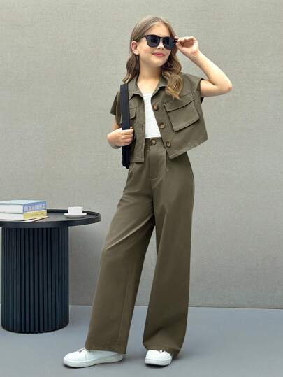 SHEIN Nova Glow Tween 女童休闲运动纯色短袖衬衫和直筒裤套装