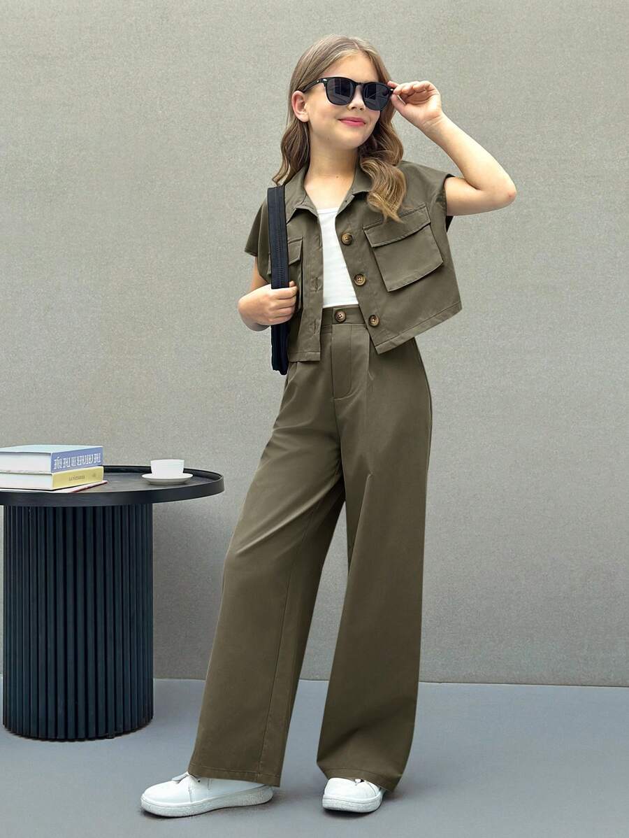 Nova Glow Tween Girls Casual Sporty Plain Color Short Sleeve Shirt & Straight Leg Pants Set,Kids - Army Green - View 1