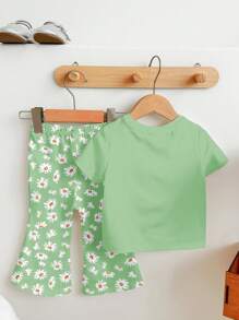 SHEIN Leap Crew Baby Girl Casual Simple Short Sleeve Round Neck Long Pants Set, Suitable For Spring/Summer - White - View 2