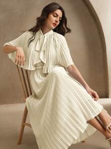 Anewsta Vestido casual y elegante azul con lazo frontal y pliegues, con bufanda, adecuado para la primavera y festivales