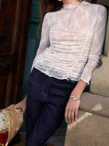 Nöista Soft White Lace Long-Sleeve Top With A Mid-Turtleneck, Side Ruching, And Baby Overlock Finish. Perfect For Summer, Graduation Parties, Easter, Or Everyday Wear. - White - View 7