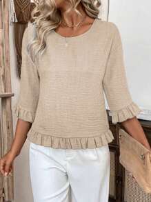 LanaWest Women's Spring/Summer Fashion Casual Linen Blouse, Loose Fit Dolman Sleeve Round Neck, Blue Woven Fabric With Sleeve & Hem Ruffle Details, Suitable For Vacation