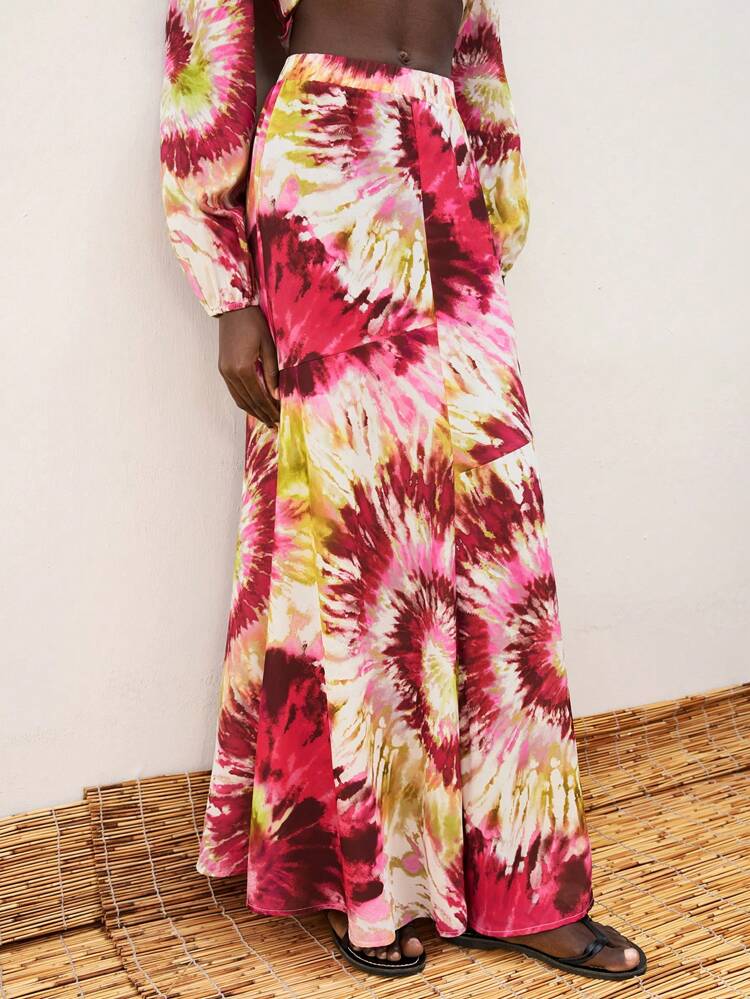 SHEIN Maija Women's Red Summer, Elastic Waistband, Side Zipper, Tropical Sunflower Tie-Dye Pattern, Fashionable Long Skirt, Casual Bohemian Beach Resort Style Summer