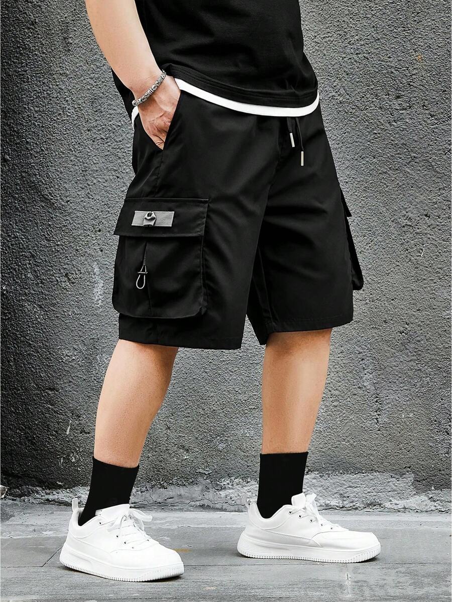 Manfinity Hypemode Plus Size Men's Drawstring Waist Cargo Pocket Casual Shorts - Black - View 1