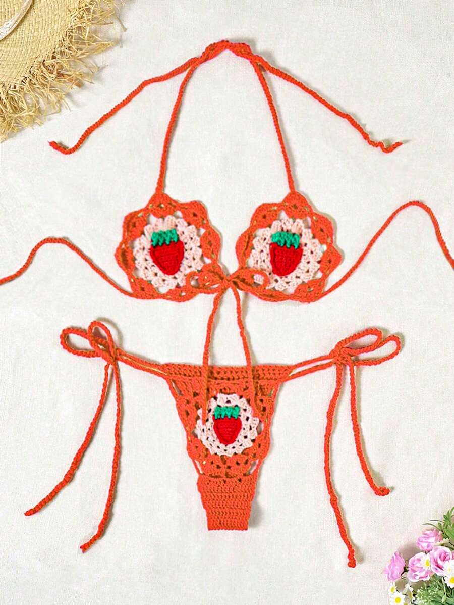 SHEIN Swim Women's Vacation Beach Strawberry Hollow Out Knit Cover Up For Summer - Orange - View 1