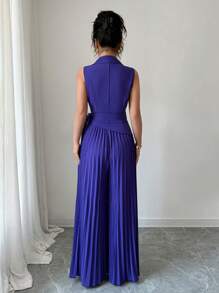 Gloray 2pcs/Set Suit Collar Sleeveless Tie V-Neck Top With High Waist Pleated Pants