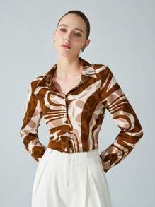 Aveloria Modichic Chemise femme à manches longues, style de conception tissu avec rayures brunes et dorées. Port polyvalent, convient pour le bureau et les tenues décontractées