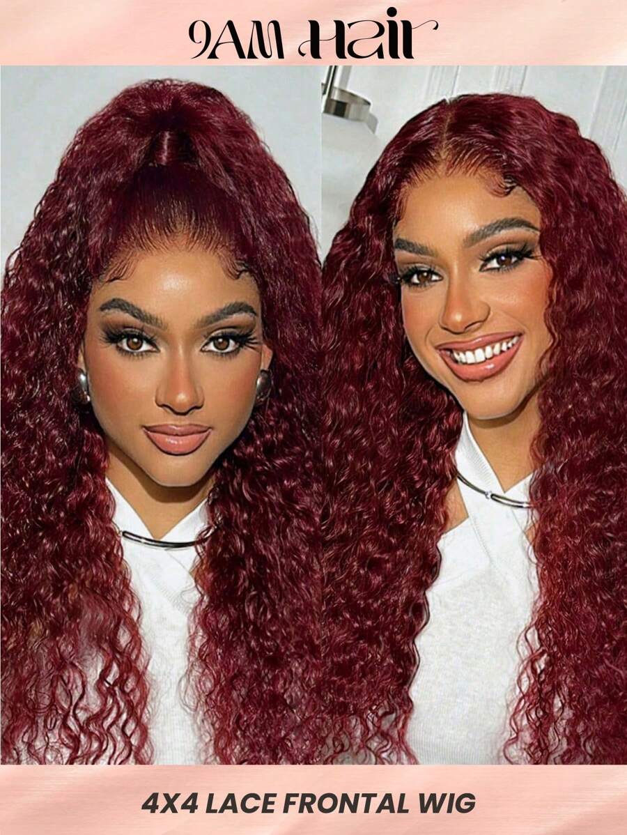 Density Pro Transparent Lace Front Pre Plucked Water Curly Wave 4X4 Human Hair Wig 99J 200% Density Frontal Wig For Women Burgundy Color - S99J - View 1
