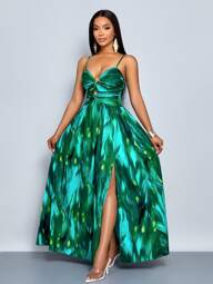 SOLERSUN Sexy Tropical Print Hollow Out High Slit With Golden Starfish Decoration Backless Vacation Cami Beach Dress (Random Floral)