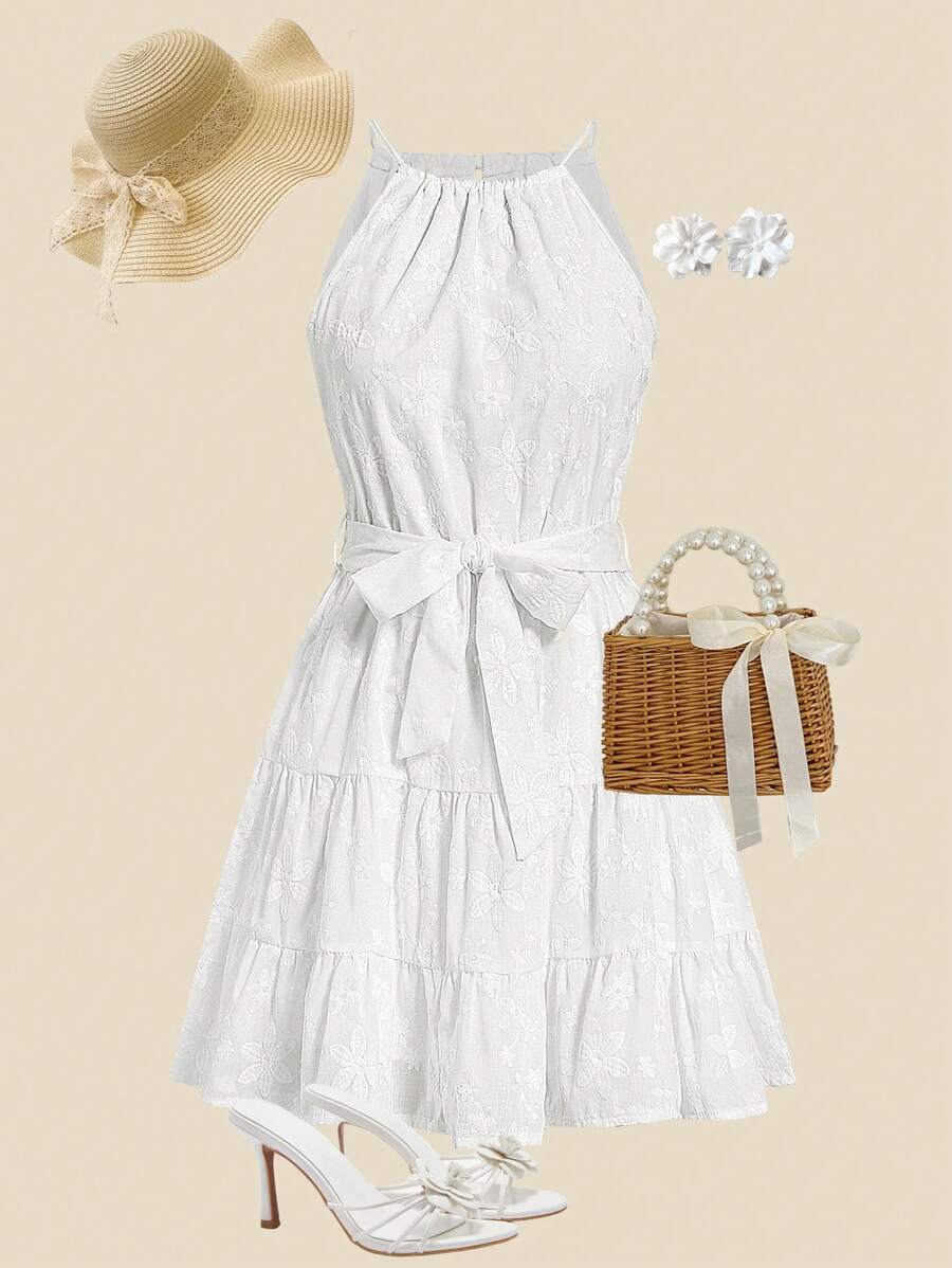 Gownix Elegant Solid Color Floral Embroidery Halter Dress, Beach Outfits For Woman - White - View 1