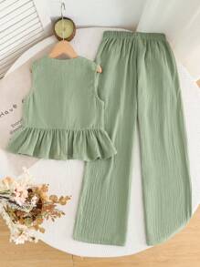 SHEIN LMoss Kids Tween Girls Commute Casual Solid Knit Crew Neck Top And Straight Leg Pants Set