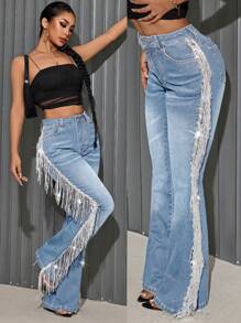 SHEIN SXY Women's Sequin Tassel Embellished Flare Leg Denim Pants, Suitable For Parties - Light Wash - View 6