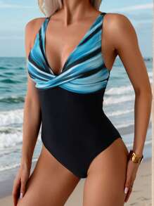 Swim Lushoire Women's One-Piece Swimsuit With Twisted Front Enhancing Design, Chest Positioning Striped Ombre Print Patchwork Solid Color, For Summer Beach Vacation