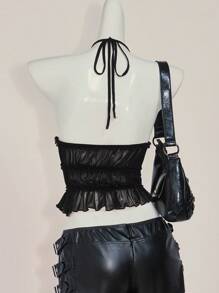 SHEIN ICON Solid Color Sexy Halter Backless Mesh Sheer Back Camisole,Rave Top,See Through Top - Black - View 2