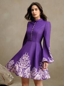Anewsta 女士优雅印花迷你连衣裙，春秋季 - 紫色 - 查看 5