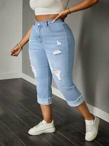 SHEIN SXY Plus Size Raw Hem Cuffed Capri Casual Jeans - Light Wash - View 1