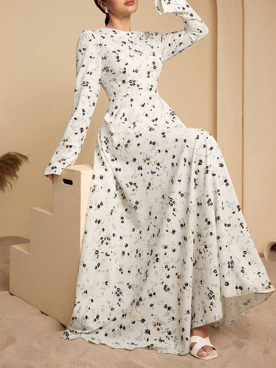 Graceveil Women's Ditsy Floral Waisted Flare Sleeve Arabic Style Dress,Modest - Multicolor - View 1