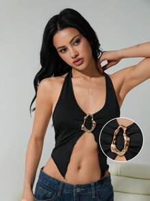 SHEIN EZwear 纯色不对称颈部系带后背镂空短款修身吊带背心 - 黑色 - 查看 1