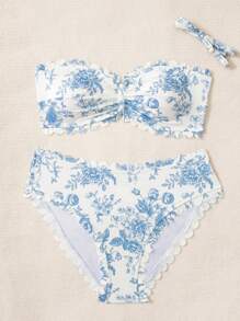 Swim Mod 大码女式 2 件套随机花卉印花可拆卸肩带休闲度假泳装