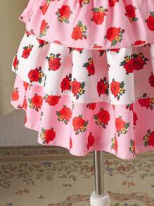 2pcs Set: Young Girl Moon Print Short Sleeve T-Shirt And Floral Print Layered Ruffle Hem Skirt, Cute And Playful - Pink - View 4