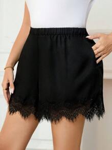 SHEIN Clasi Plus Size Women Fashion Solid Color Lace Elegant Shorts,90s,Office Wear Women,Summer,Vacation,Business Casual Woman,Graduation,Pants,Suitable For Workplace, Afternoon Tea, Date, Concert, Party, Retro College Style