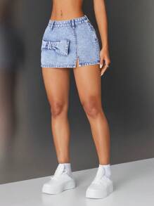 SHEIN ICON Fashionable Casual Bowknot Decor Ladies Denim Mini Skirt