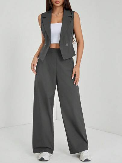 SHEIN PETITE 两件套秋季服装 2 件套女士纯色无袖上衣和裤子秋季衣服，商务休闲女士，夏季套装