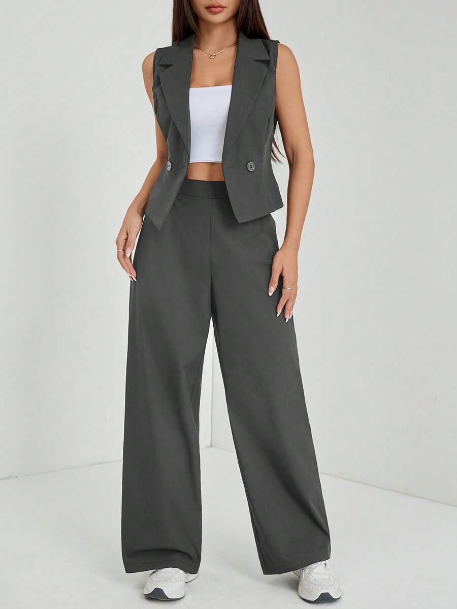 SHEIN PETITE 兩件套秋季女裝 2件/組 素色無袖上衣與長褲,商務休閒女裝,夏季套裝,適合嬌小女性 - 灰色 - 查看 1