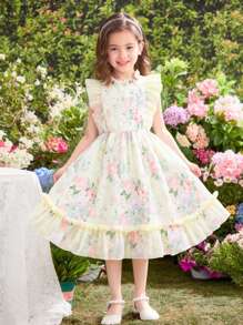 Young Girl' Rose Ditsy Floral Sleeveless Puff Dress, High Quality Princess Style Summer Swing Dress With Back Zipper, Cute & Sweet Daily/Casual Wear - Pink - View 7