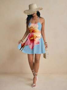 myriadwaveart Blue Sleeveless Backless Textured Floral Mini Dress, Sundress, Music Festival, Boho, Date, Tea Party Outfit, Spring/Summer,Vacation Outfits Women,Sun Dress