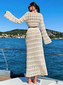 EURMUSE Crochet Knit Hollow Out 2pcs Cover Up Set, For Summer Beach Vacation - Beige - View 2