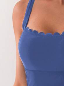 Swim Chiccia Women's Solid Color Ruffled One-Piece Swimsuit, One-Piece Bathing Suit Suitable For Vacation & Beach For Summer - Dusty Blue - View 5